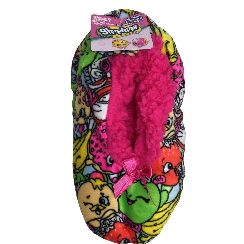 Shopkins Fuzzy Babba Slipper Socks Kids Girls M/L Sz 13-4 Non Slip Bottom New